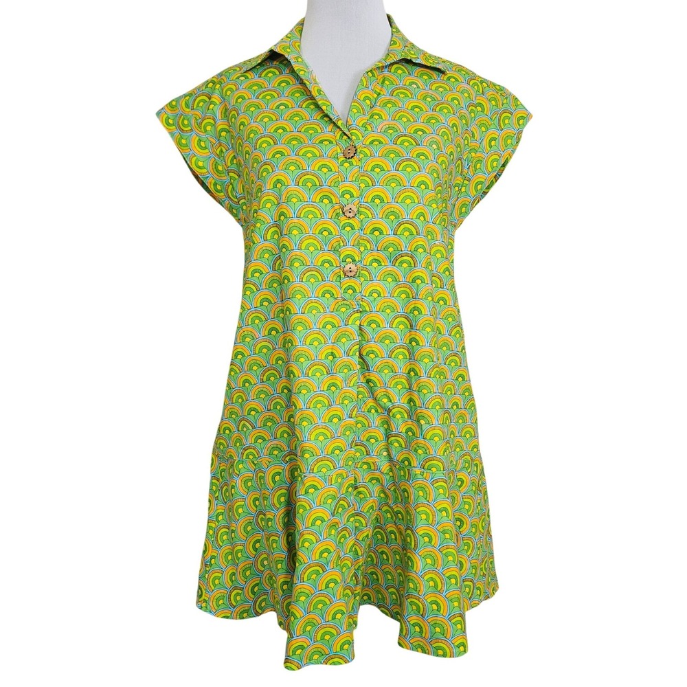 Ivy Jane Rainbow Mod Shell Print Cotton Shift Dress Green Orange Ruffle Hem USA